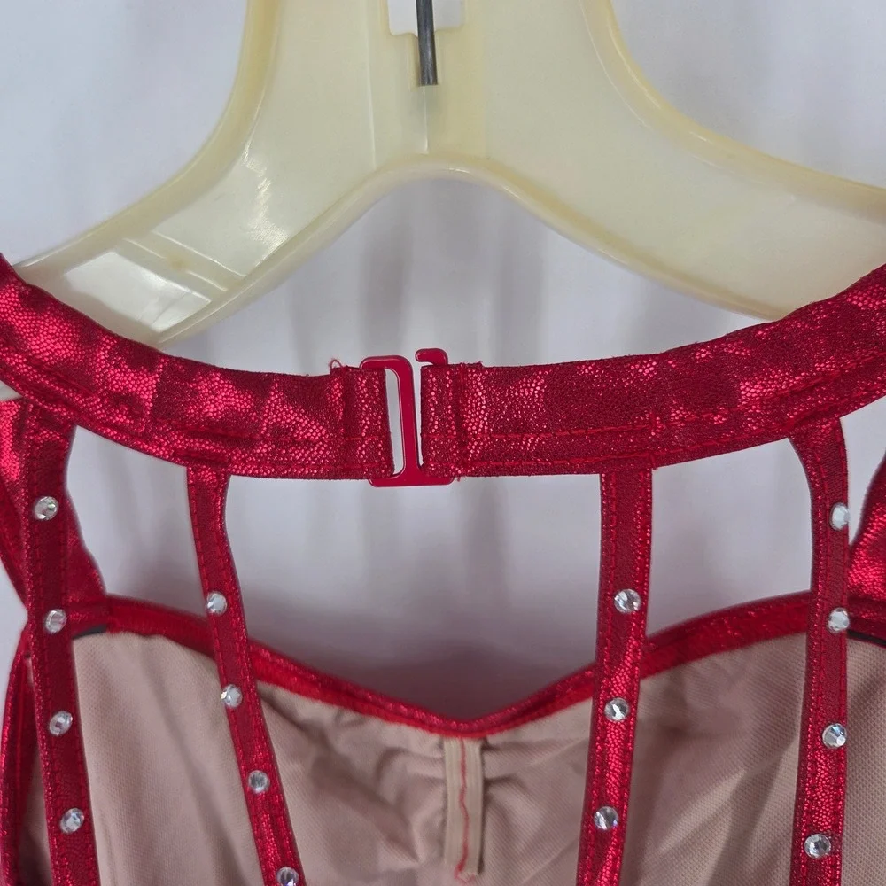 Balera Red Sequin Dance Leotard Mesh Rhinestone Cage Back Girls Large LC